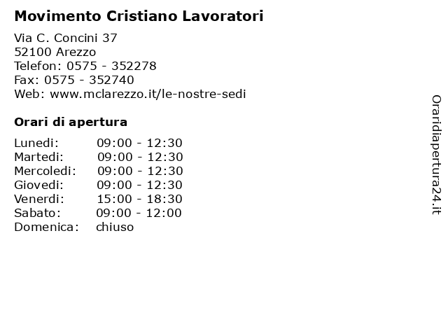 Orari di apertura Movimento Cristiano Lavoratori Via C. Concini